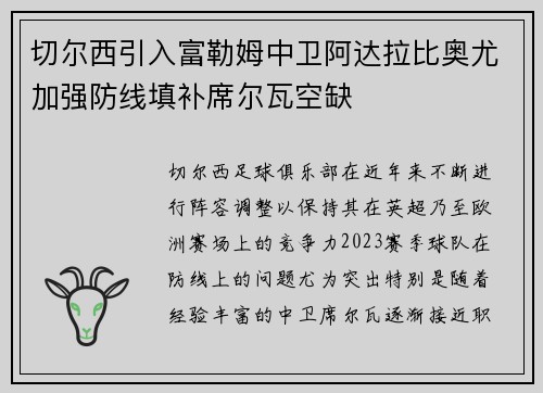 切尔西引入富勒姆中卫阿达拉比奥尤加强防线填补席尔瓦空缺